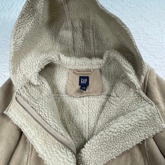 🔥GAP Faux Suede Shearling Mid Length Hooded Coat Jacket Toggle Button Size S - Picture 8 of 15
